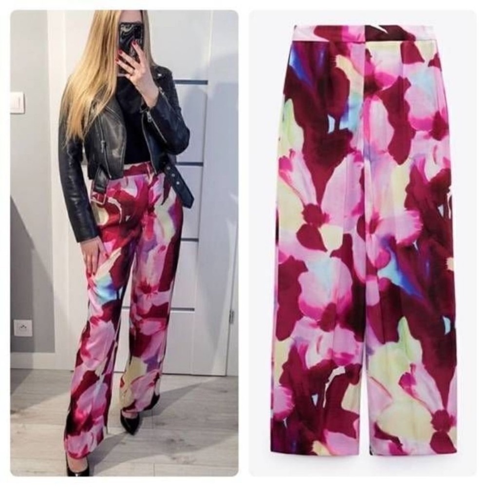 Zara Floral Satin Watercolor Pants Size Large NWOT